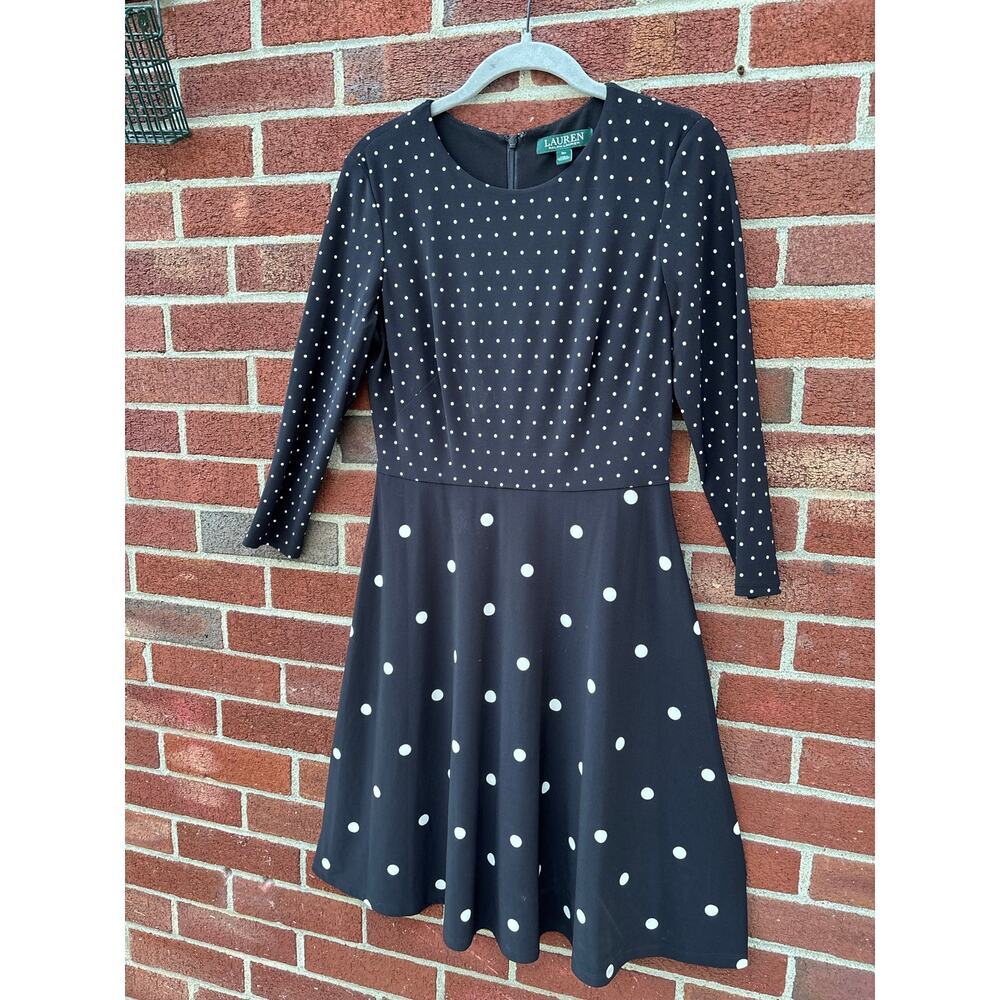 Lauren Ralph Lauren Polka Dot Fit & Flare Dress Navy black White Size 6P - Picture 3 of 7